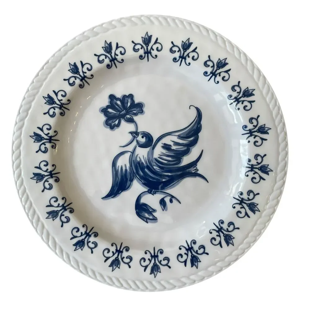 TAHARI Dove Bird of Peace Melamine Dinner Plates 11in  Set of 4 Blue & White NEW